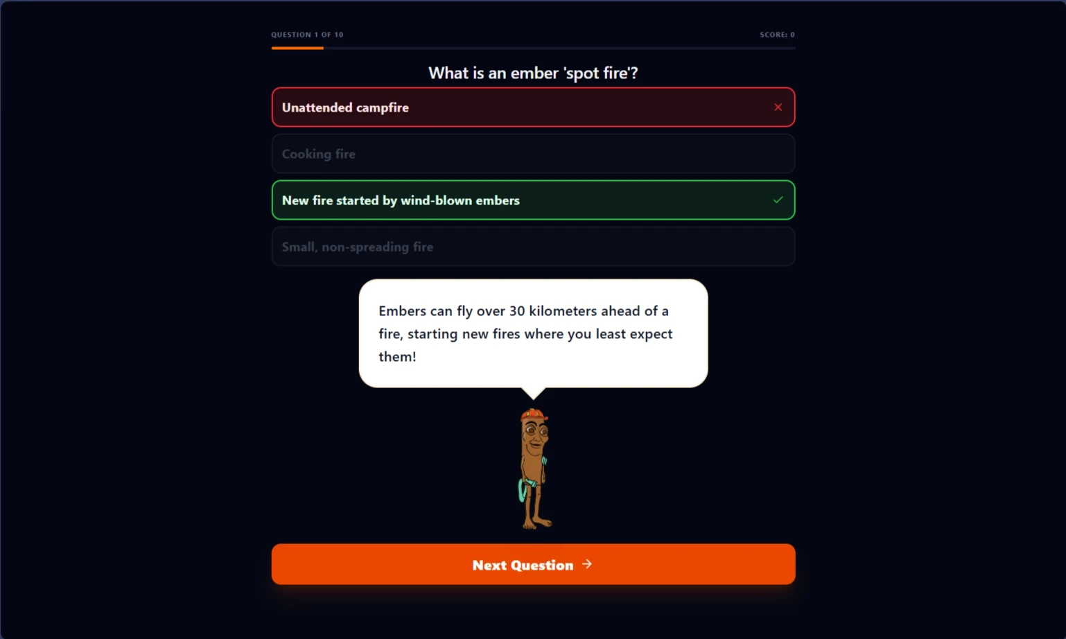 Quiz screen with mascot explaining ember spotting