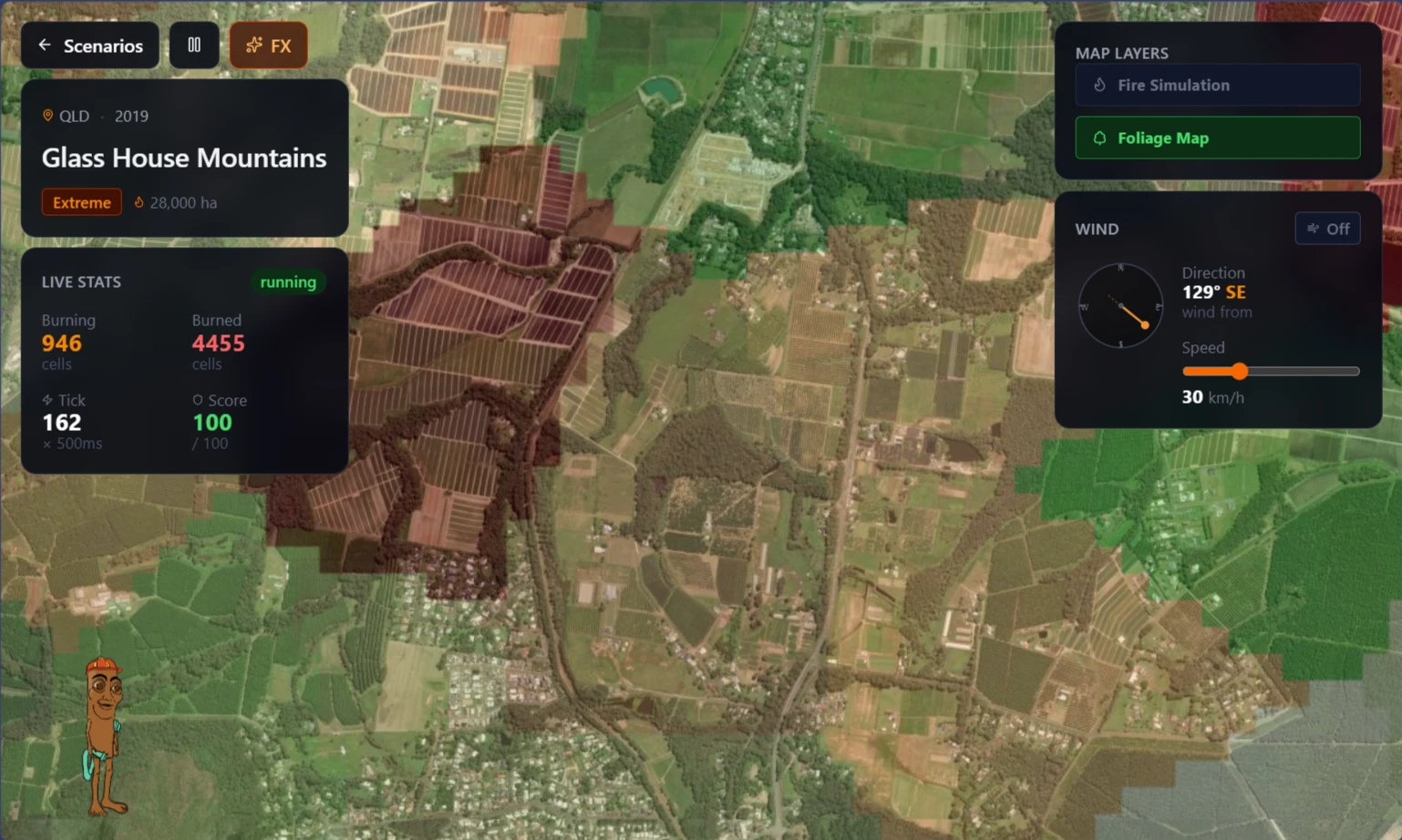 Fire simulation with foliage layer showing early-stage spread
