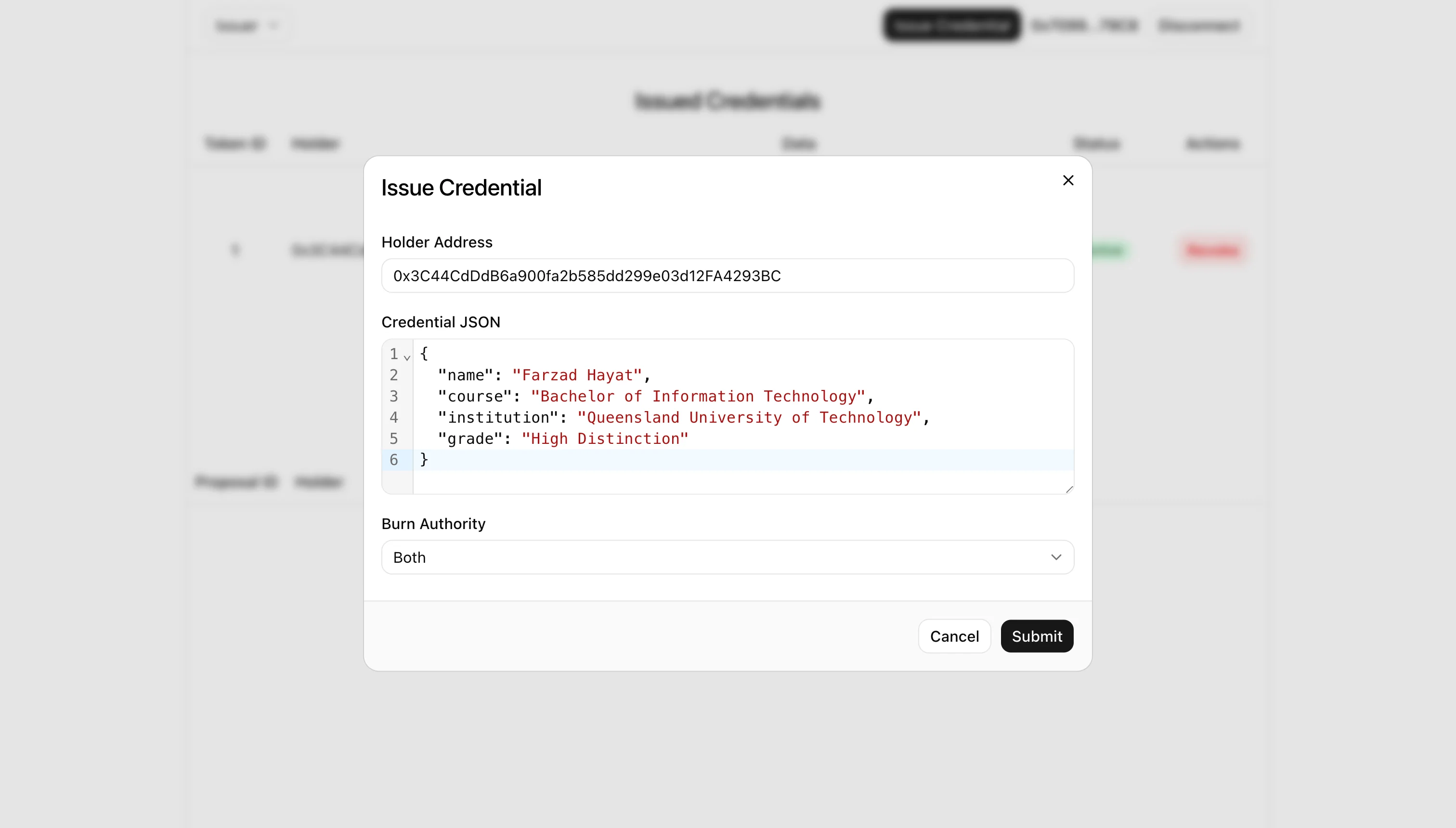 Issue Credential dialog